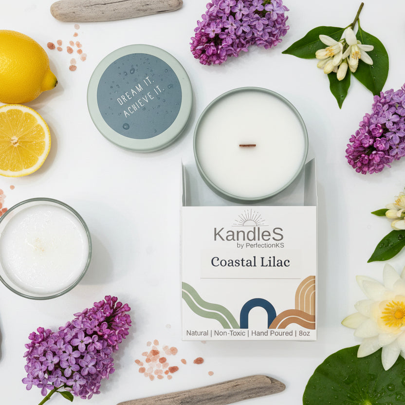 Coastal Lilac Luxury Candle | 8oz Non-Toxic Soy Candle with Wooden Wick | Clean Burn