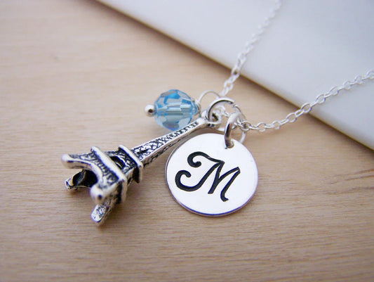 Eiffel Tower Necklace โ Sterling Silver with Birthstone & Initial Charm