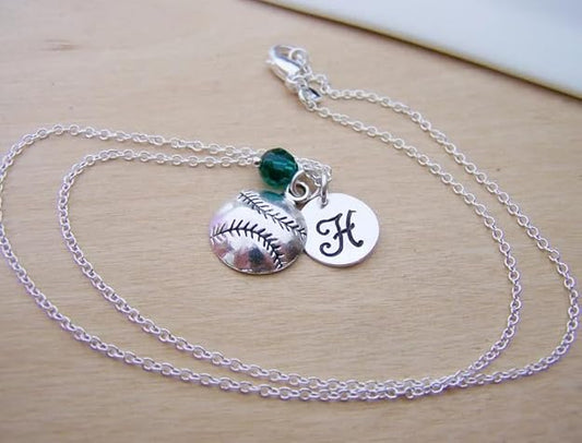 Personalized Baseball Charm Necklace – Initial Birthstone Jewelry Gift for Her