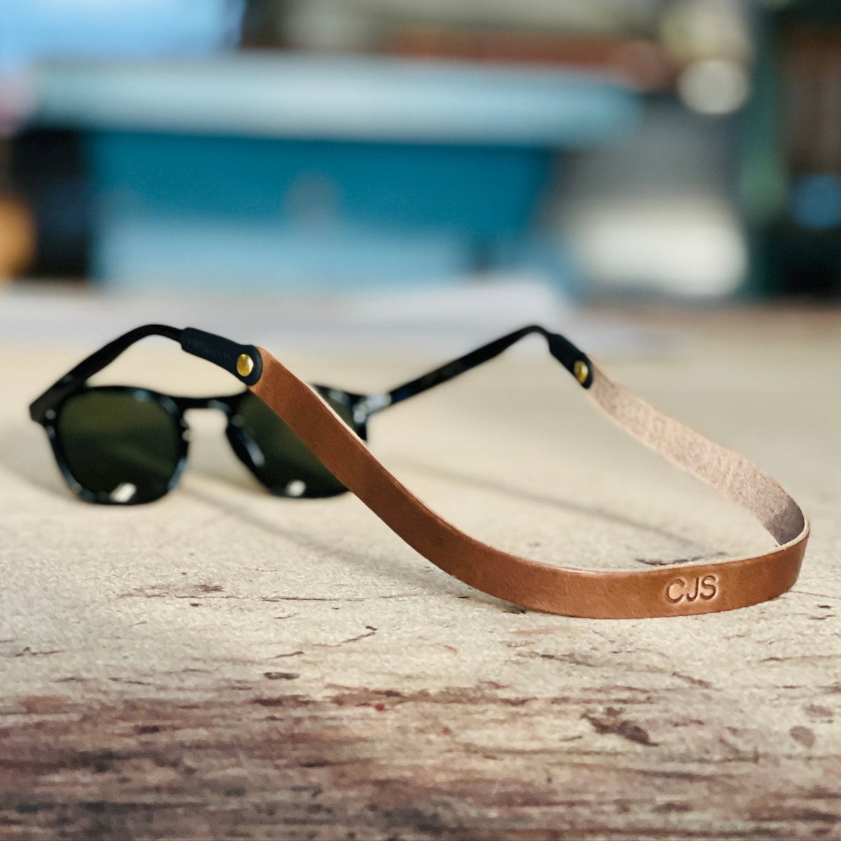 Monogrammed Leather Sunglass Strap (Waxed Classic Style)