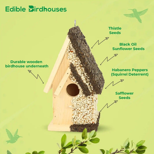Handmade Edible Birdhouse - Dark Roof, Tall Birdhouse Covered in Bird Seeds