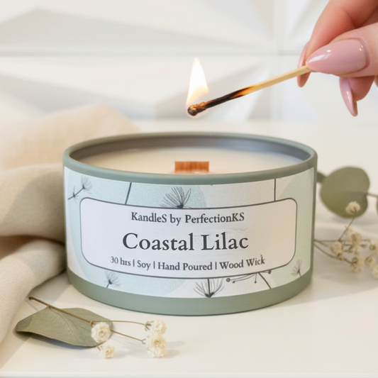 Coastal Lilac Luxury Candle | 8oz Non-Toxic Soy Candle with Wooden Wick | Clean Burn