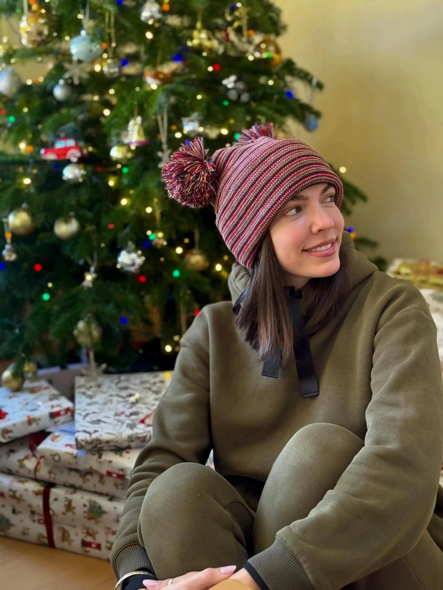 Patented H Stitch Beanie, Double Pom Pom, Multi Color