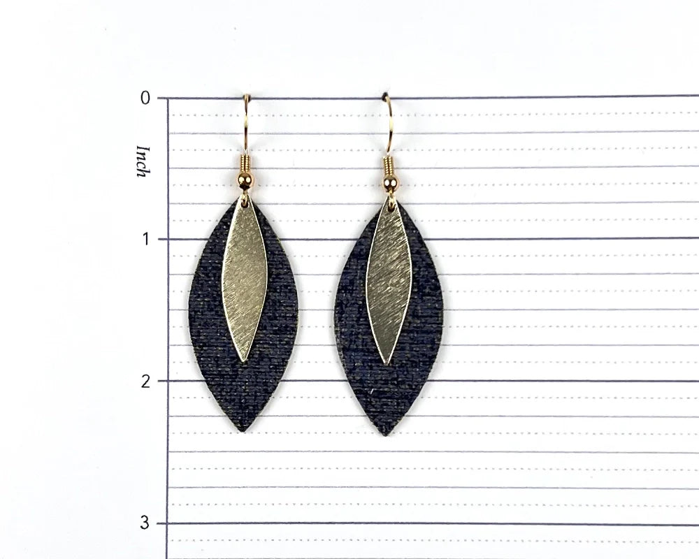 Denim Blue Earrings Marquise Earrings with Gold Leaf Charms