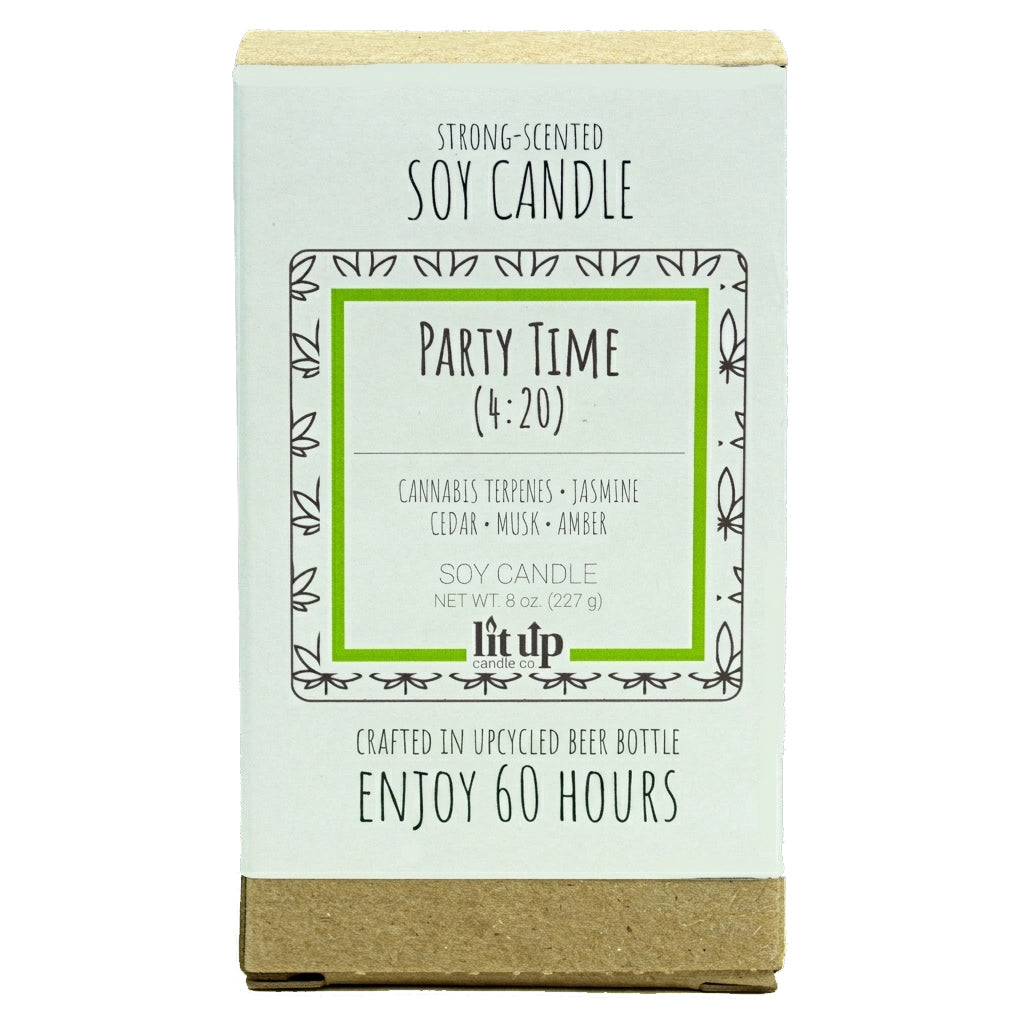 Party Time (4:20) 8 oz. soy candle in upcycled beer bottle | Cannabis, Jasmine, Cedar