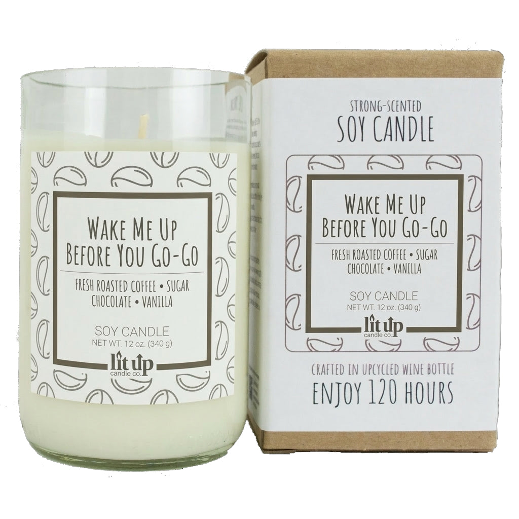 Wake Me Up Before You Go-Go scented 12 oz. soy candle in upcycled wine bottle | Coffee, Chocolate, Vanilla