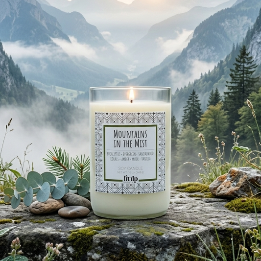 Mountains in the Mist 12 oz. soy candle in upcycled wine bottle | Eucalyptus, Sandalwood, Vanilla