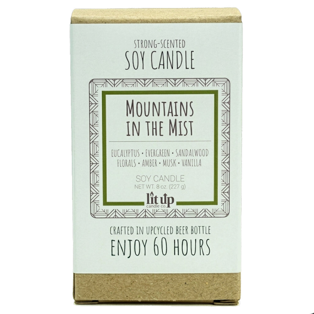 Mountains in the Mist 8 oz. soy candle in upcycled beer bottle | Eucalyptus, Sandalwood, Vanilla
