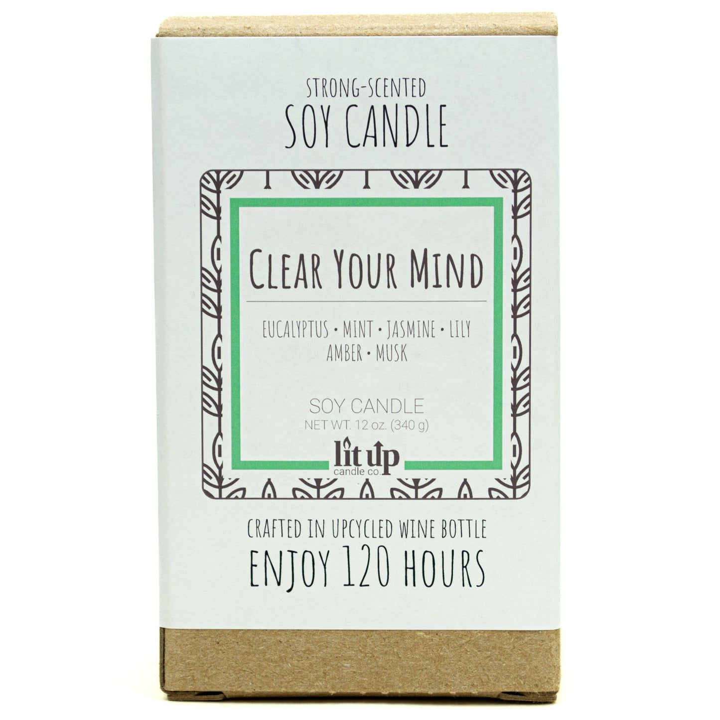 Clear Your Mind 12 oz. soy candle in upcycled wine bottle | Eucalyptus, Jasmine, Mint
