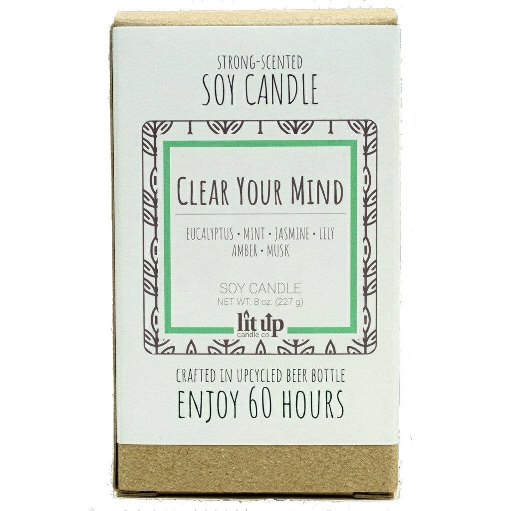 Clear Your Mind 8 oz. soy candle in upcycled beer bottle | Eucalyptus, Jasmine, Mint