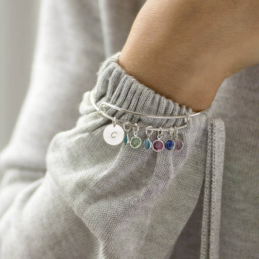 Family Name Birthstone Bangle โ Adjustable Stainless Steel with Initial & Swarovski Drops