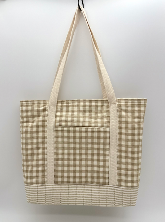 Handmade Gingham Tote Bag in Taupe & Cream with Quilted Bottom