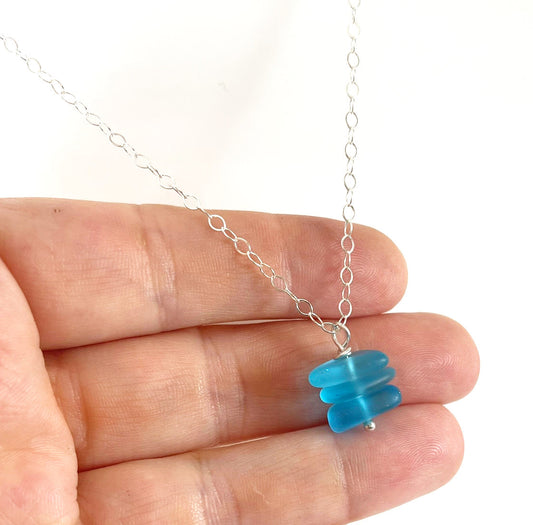 Aqua Sea Glass Trio Stack Necklace โ Sterling Silver, 18โ