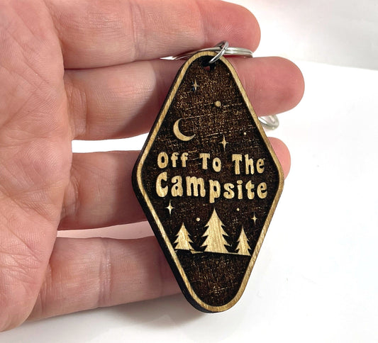 Off To The Campsite โ Wooden Laser-Cut Keychain with Clip