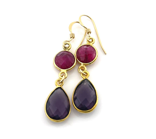 Dyed Ruby & Amethyst Gemstone Drop Earrings โ 14k Gold Filled Bezels โ Handmade in Raleigh NC โ 1.5" Gift-Boxed Jewelry