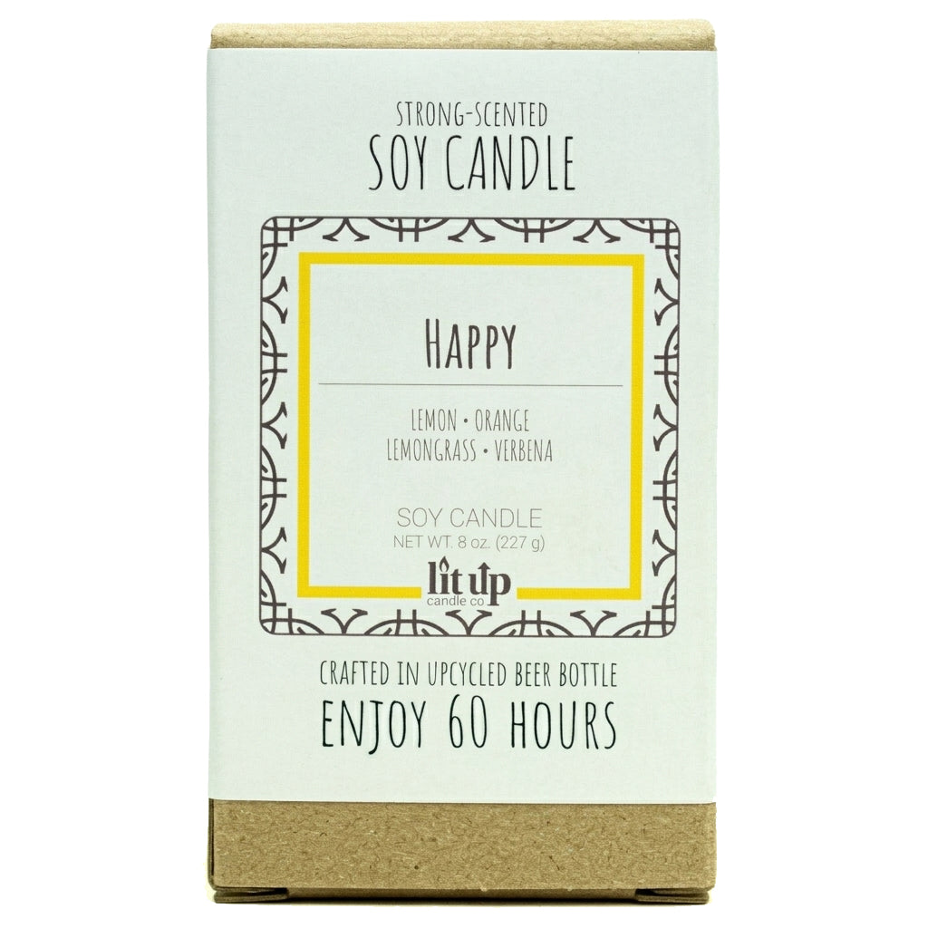 Happy scented 8 oz. soy candle in upcycled beer bottle | Lemon, Lemongrass, Verbena