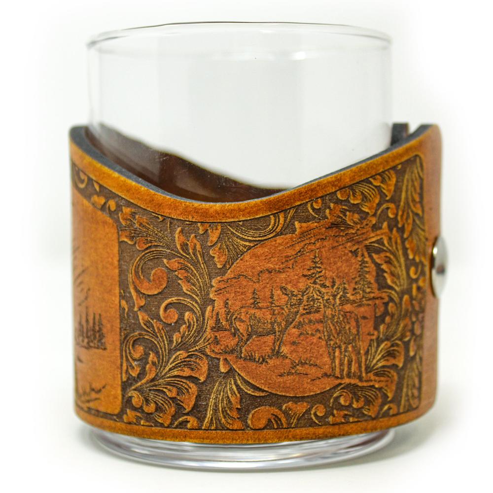 Handcrafted Leather Wrapped Whiskey Glass | Big Buck Deer