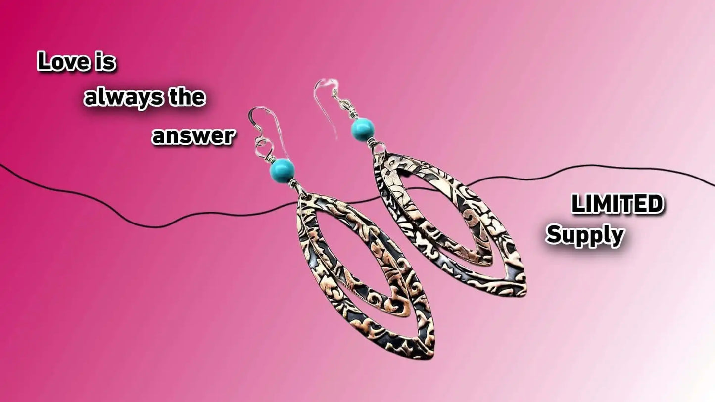 Copper Embossed Pointed Oval Turquoise Bead Earrings