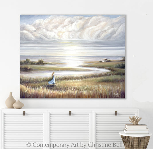 "In Her Own World" GICLÉE PRINT Landscape Oil Painting, Coastal Seascape Beach Figurative w/ Girl 30x24"