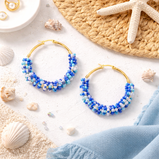 OOAK Blue Beaded Hoop Earrings โ Gold Plated Stainless Steel, 2" Handmade Hoops