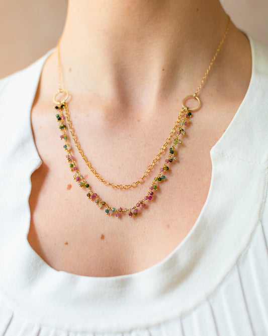 One of a Kind Tourmaline Cluster Necklace โ Dual Layer Gold Filled Statement Necklace โ Handmade in Raleigh