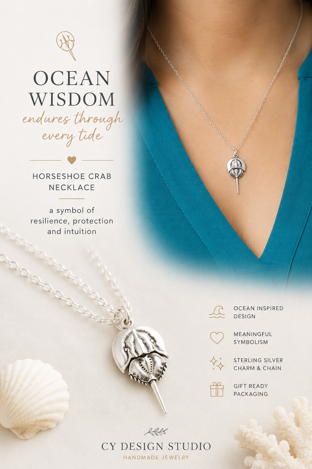 Sterling Silver Horseshoe Crab Charm Necklace