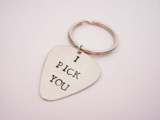 I Pick You Hand Stamped Guitar Pick Keychain