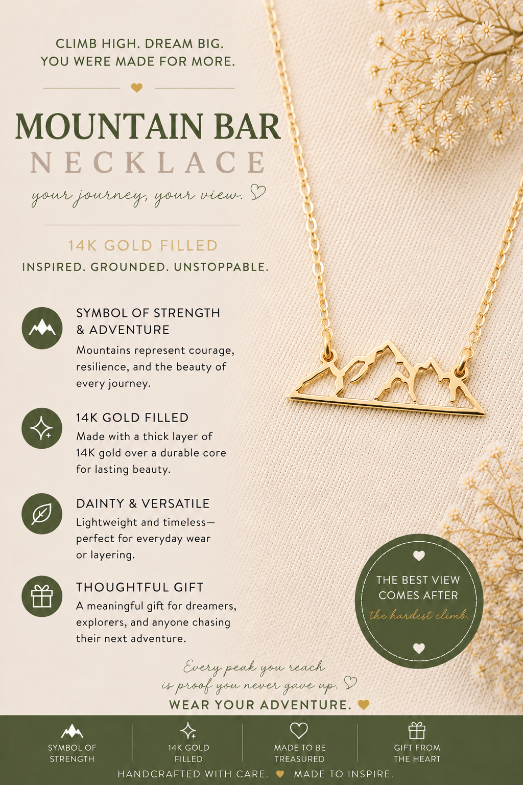Mountain Bar Charm - Dainty 14k Gold Necklace
