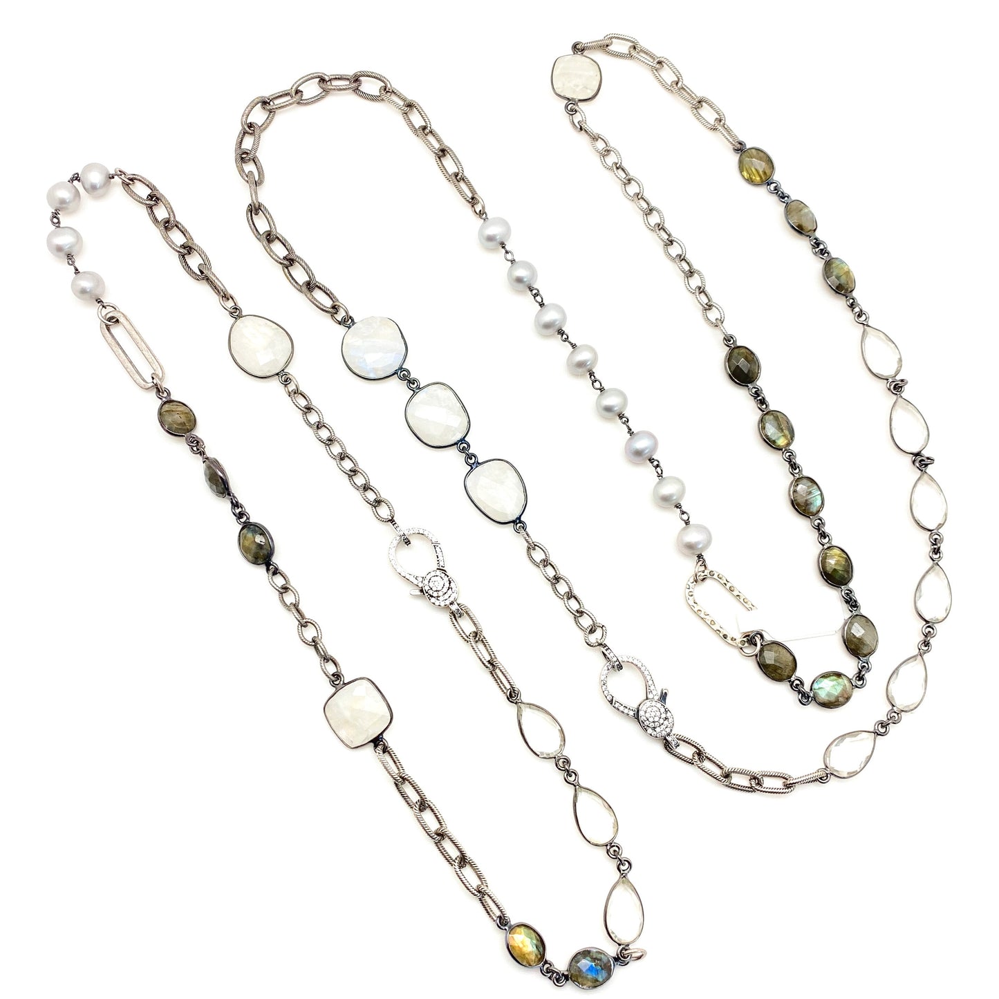 Silver Moonstone, Labradorite, Crystal and Pearl Short Necklace