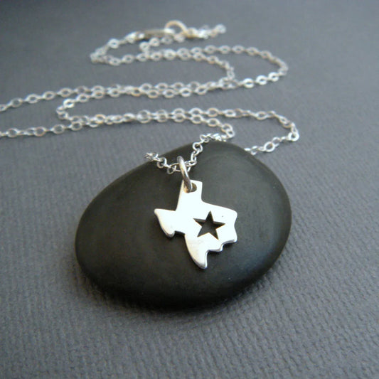 Texas State Necklace – Sterling Silver Charm with Star Cutout on 16" Chain