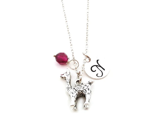Personalized Llama Necklace – Sterling Silver Chain with Birthstone & Initial