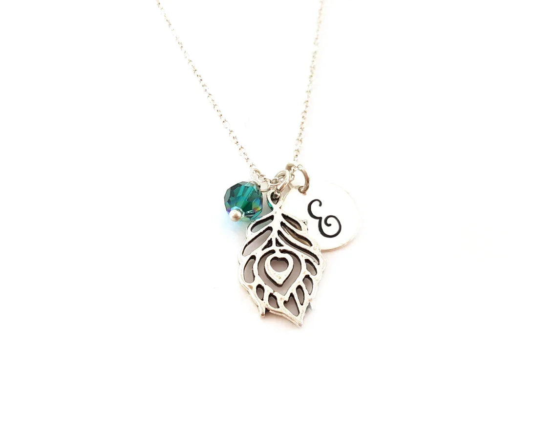 Peacock Feather Necklace – Sterling Silver with Birthstone & Initial Charm