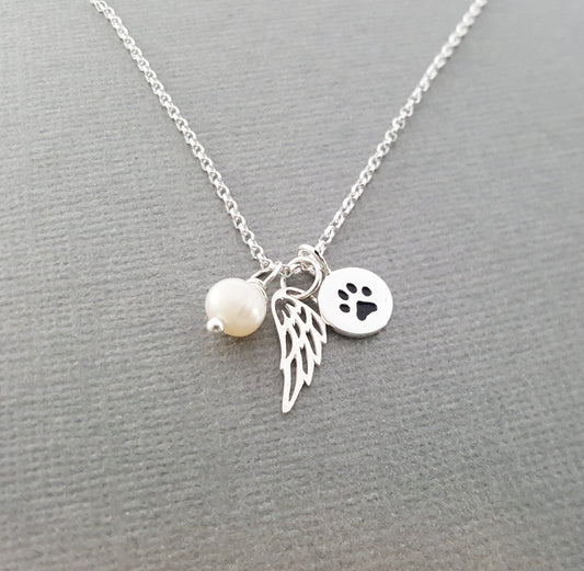Paw Print Angel Wing Memorial Necklace - Pet Loss Necklace - Sterling Silver - Memorial Jewelry