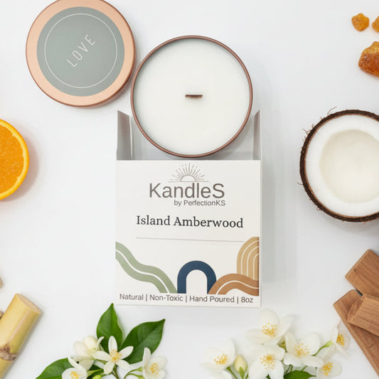 Island Amberwood Luxury Candle | 8oz Non-Toxic Soy Candle with Wooden Wick | Clean Burn