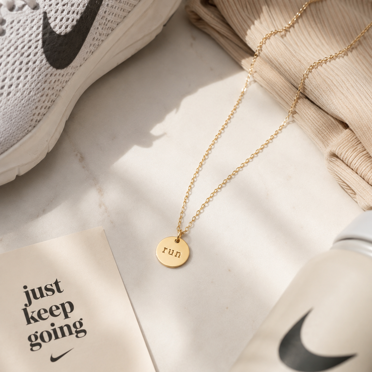 Hand Stamped “Run” Charm – 14k Gold Filled Disc Pendant – Fitness Jewelry for Runners