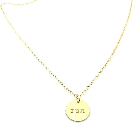 Hand Stamped “Run” Charm – 14k Gold Filled Disc Pendant – Fitness Jewelry for Runners