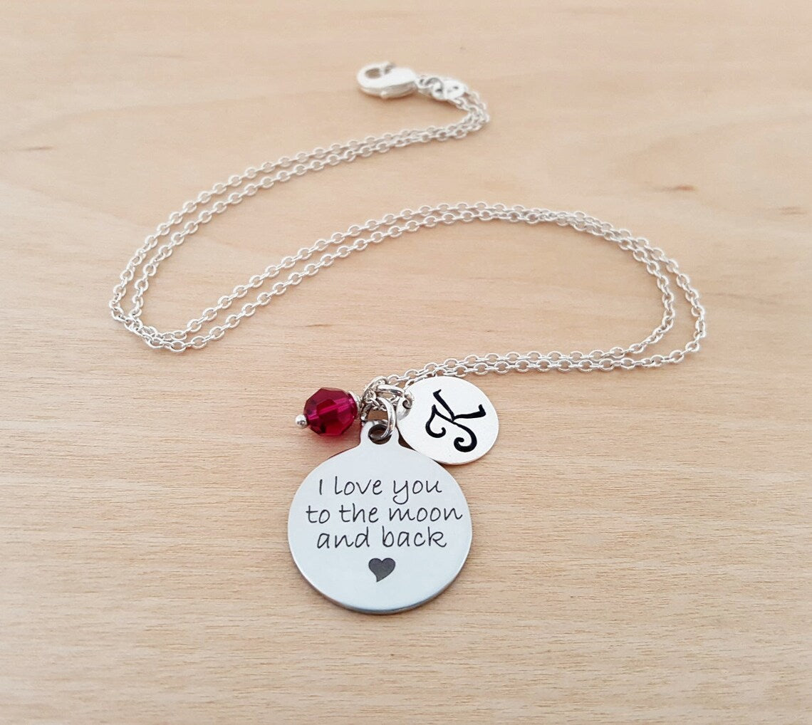 I Love You to the Moon and Back Necklace – Sterling Silver with Birthstone & Initial Charm