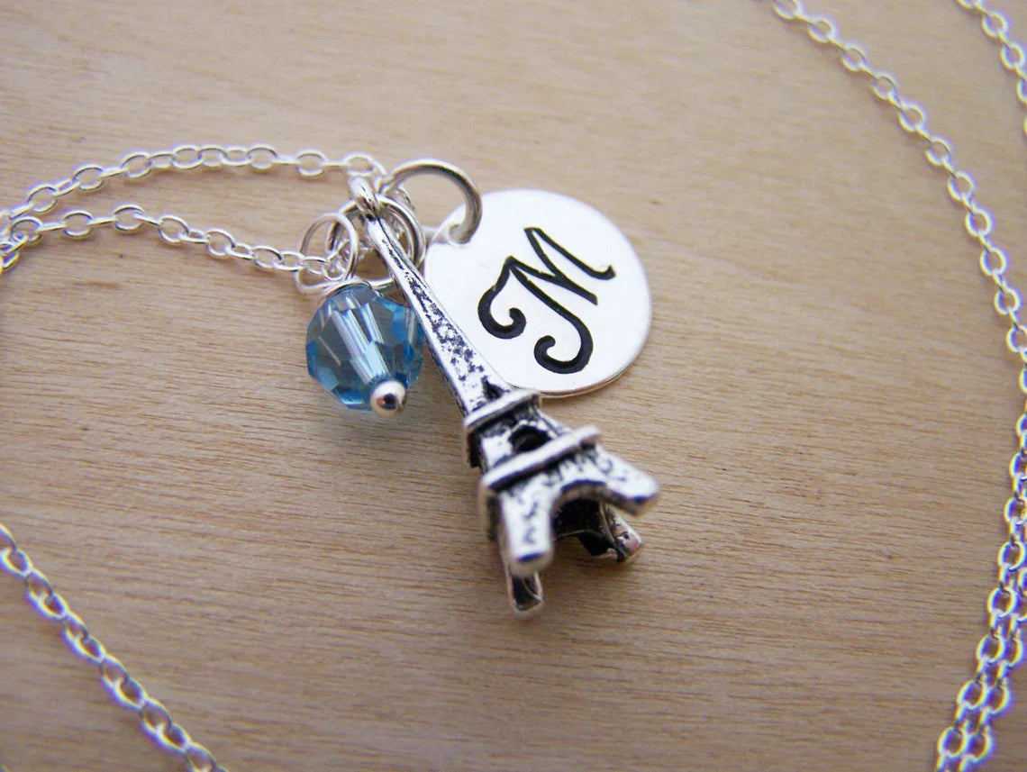 Eiffel Tower Necklace – Sterling Silver with Birthstone & Initial Charm