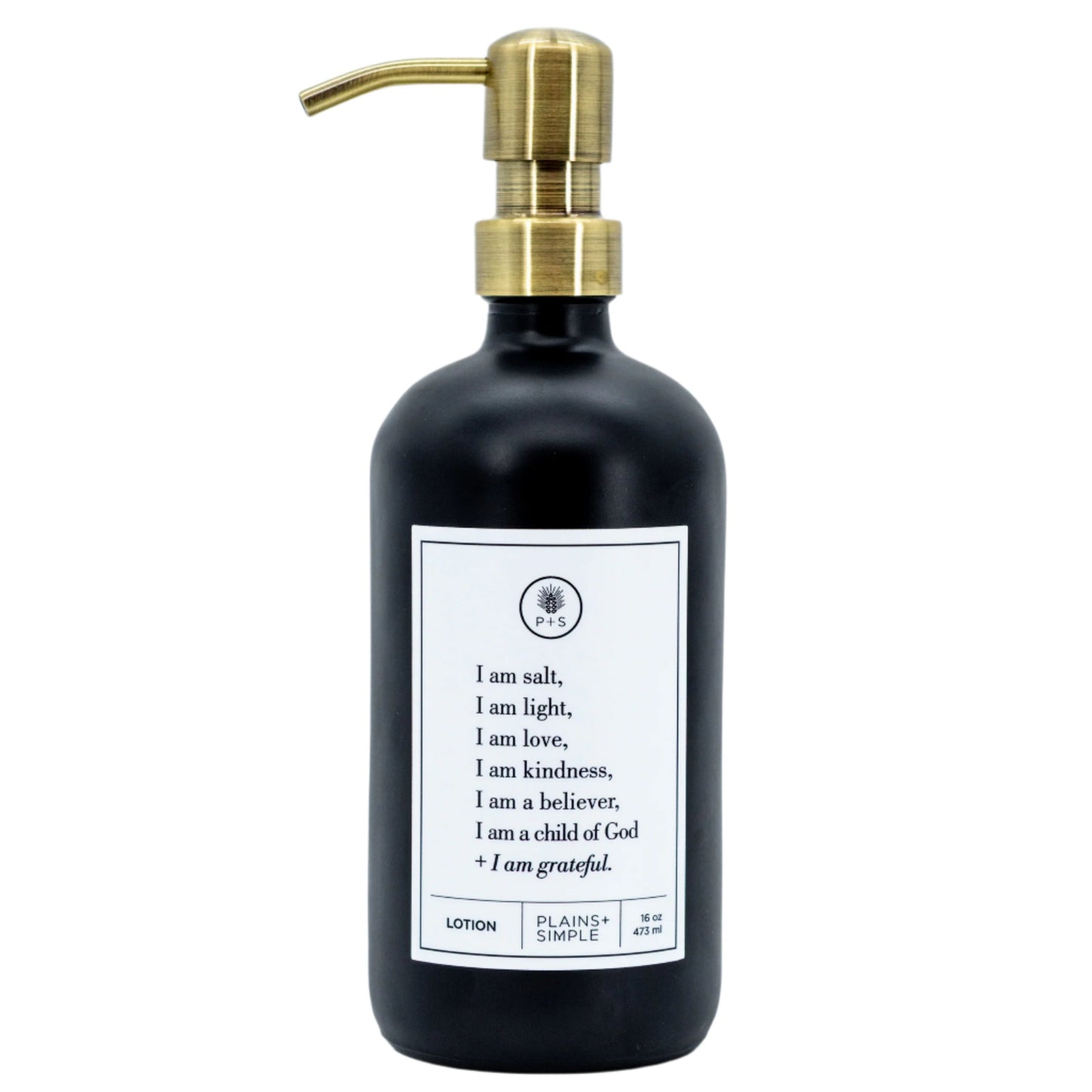 SALE | "I Am Grateful" Black Glass Lotion & Soap Dispenser | 16 oz | Plains + Simple