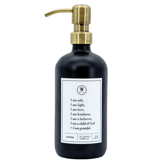 SALE | "I Am Grateful" Black Glass Lotion & Soap Dispenser | 16 oz | Plains + Simple