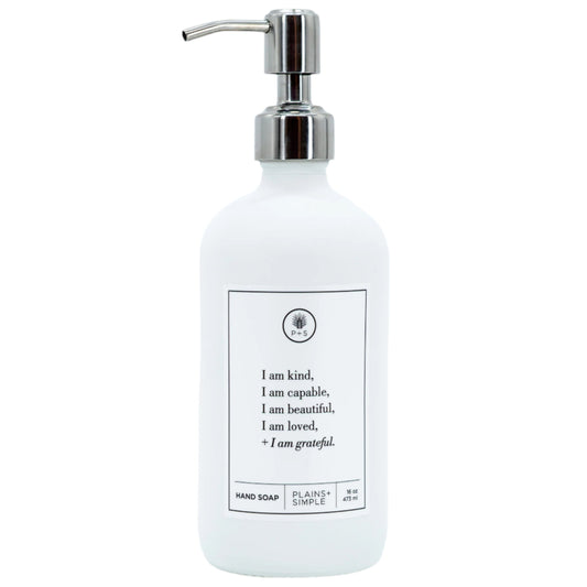 SALE | I Am Kind White Glass Dispenser | 16 oz | Plains + Simple