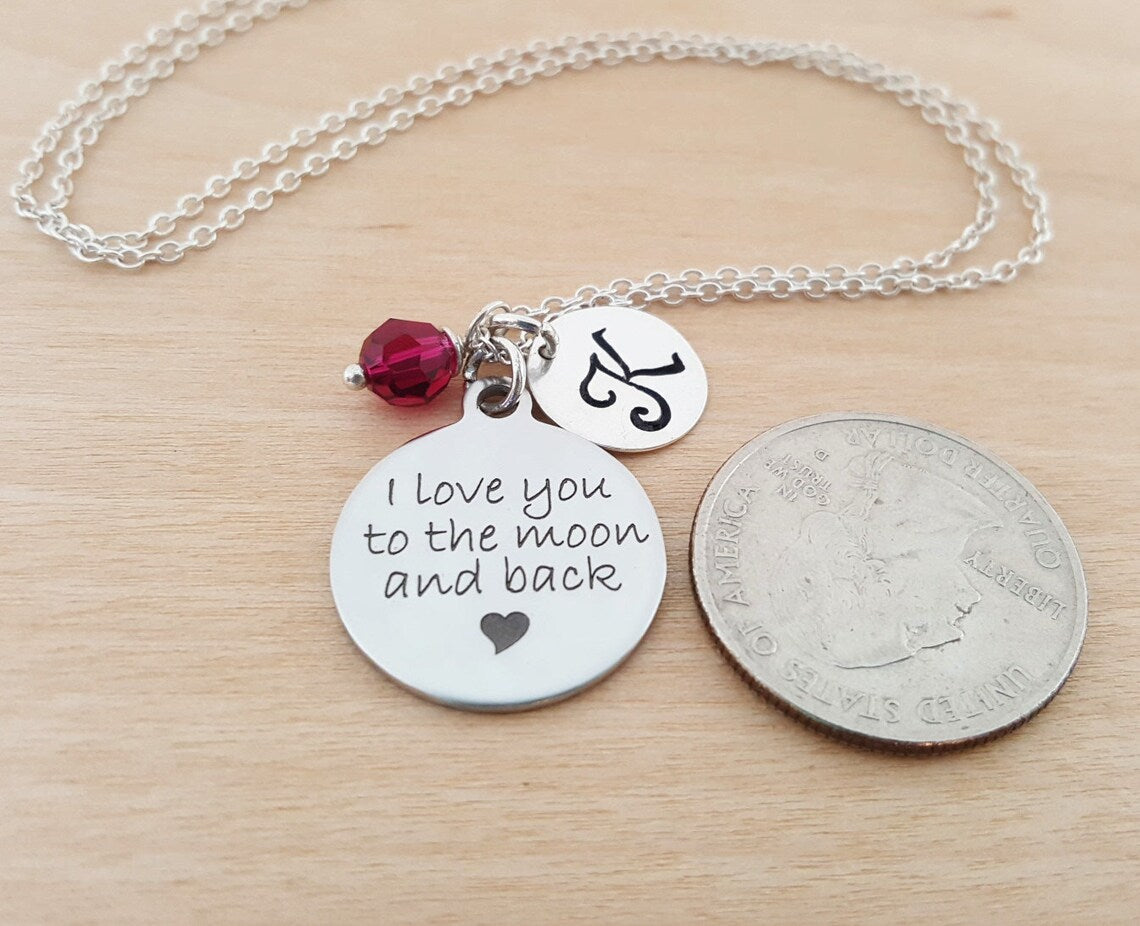 I Love You to the Moon and Back Necklace – Sterling Silver with Birthstone & Initial Charm