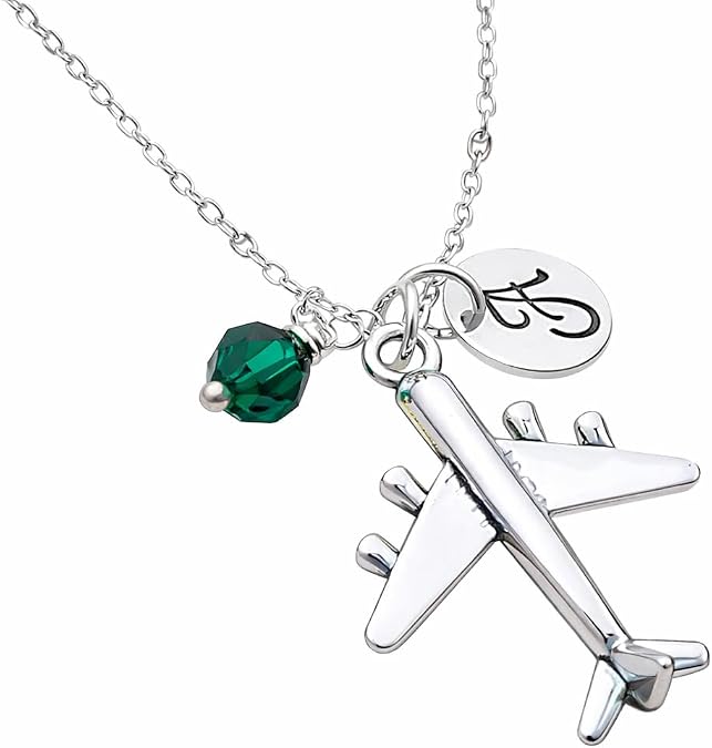 Airplane Charm Necklace – Personalized Initial & Birthstone – Travel Gift