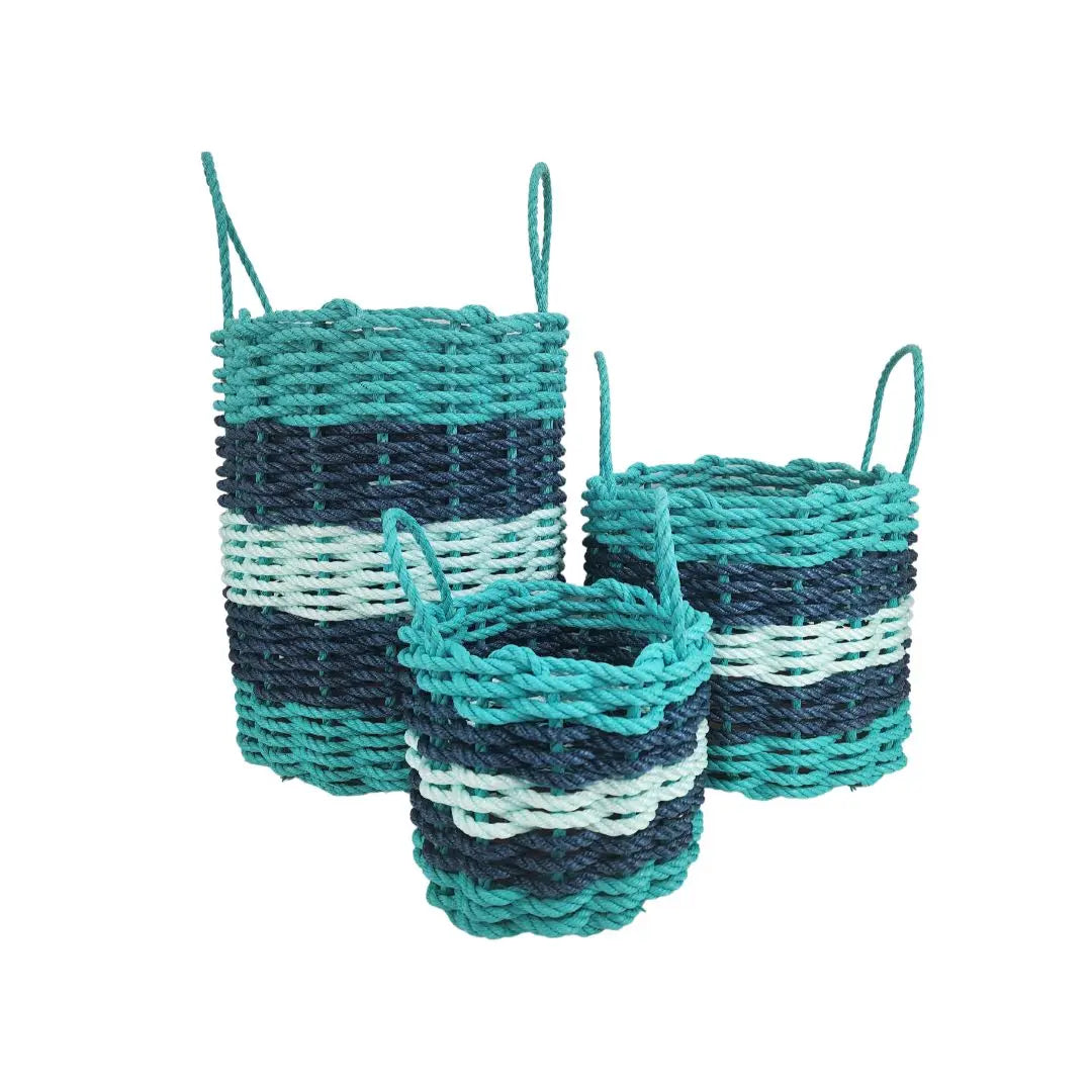 Teal, Navy Blue & Seafoam Five Stripe Rope Basket