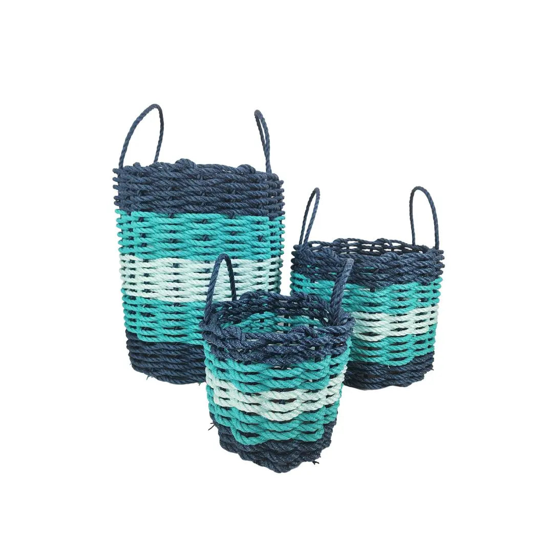 Navy Blue, Teal & Seafoam Five Stripe Rope Basket