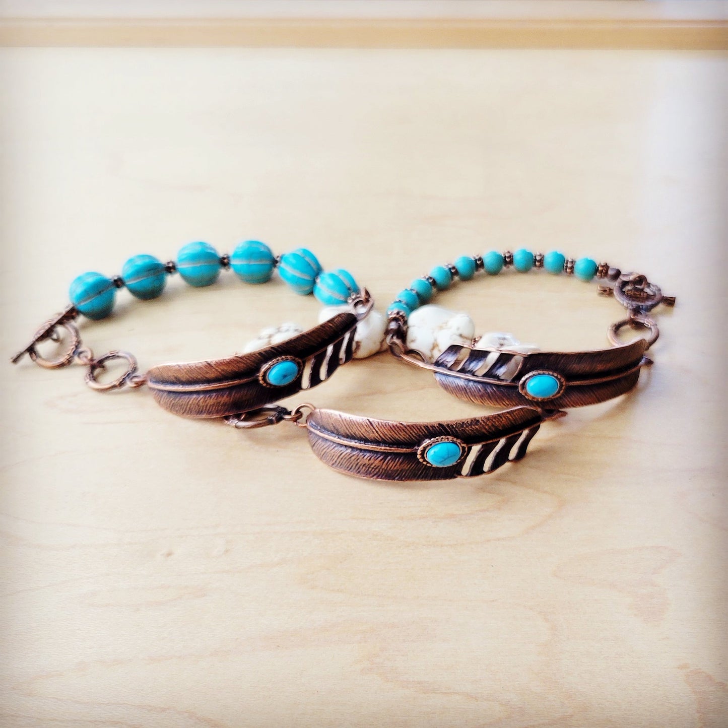 White Chunky Turquoise Beaded Bracelet on Copper Feather 810s
