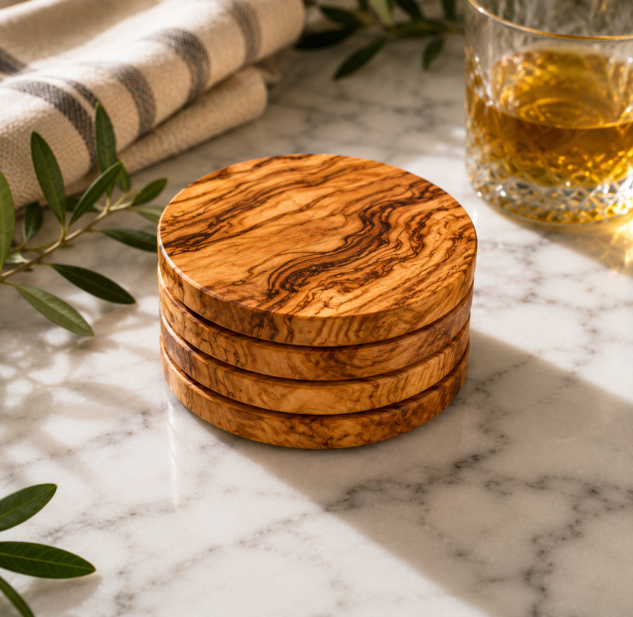 Round Circle Olive Wood Coasters
