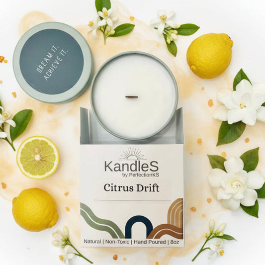 Citrus Drift Luxury Candle | 8oz Non-Toxic Soy Candle with Wooden Wick | Clean Burn