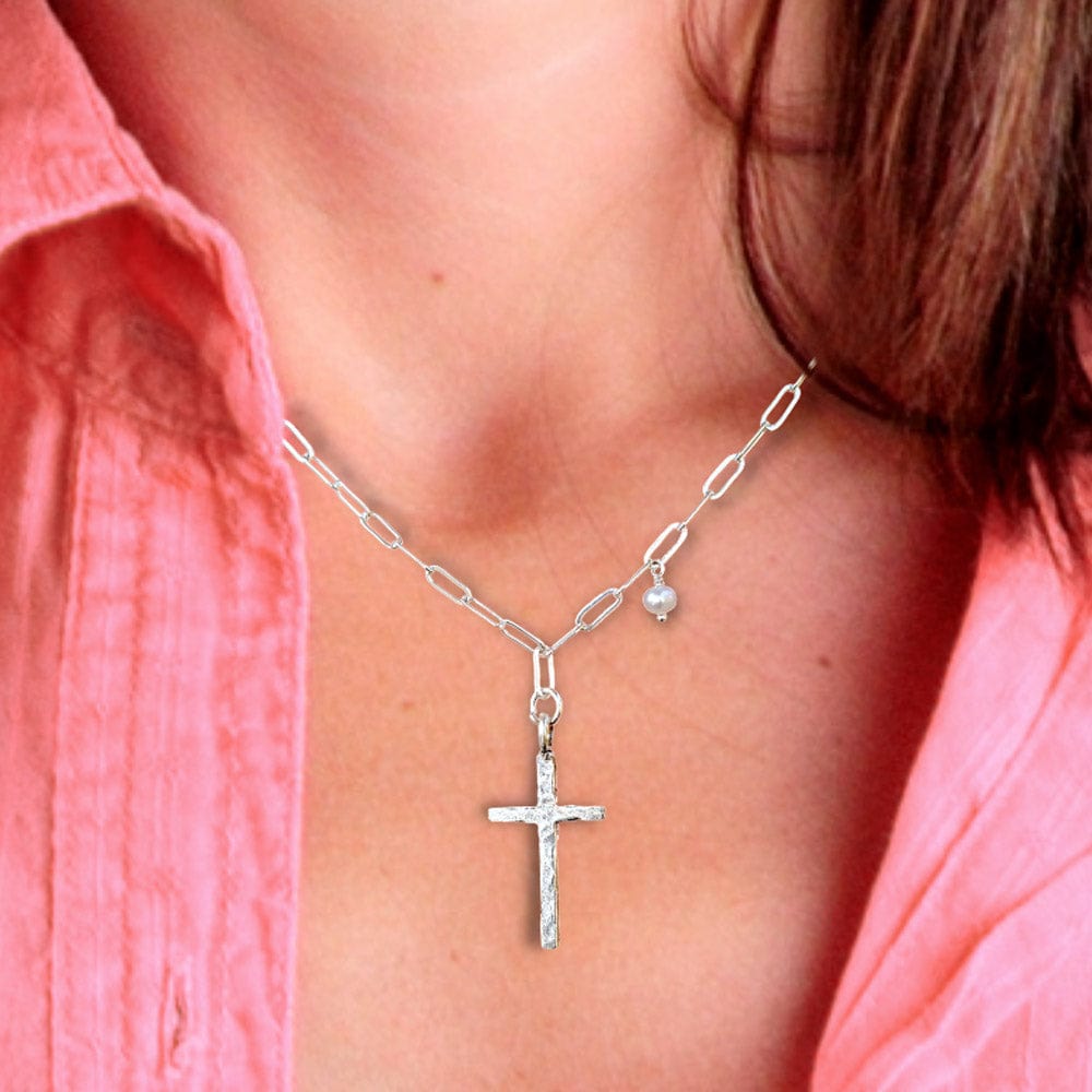 Adina Hammered Silver Cross Necklace with Freshwater Pearl | Handmade Faith Jewelry
