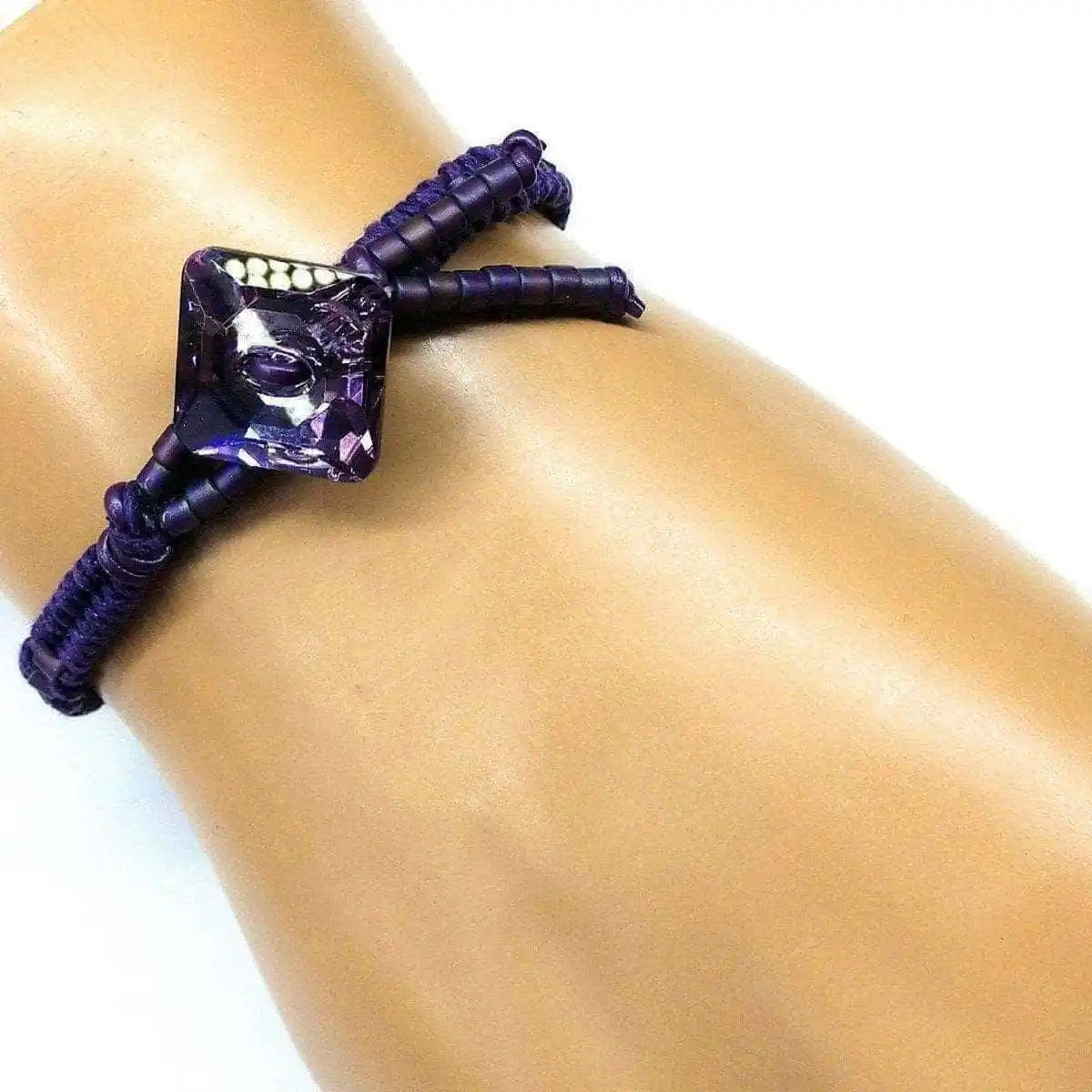Amethyst Braided Leather Swarovski Crystal Button Bracelet